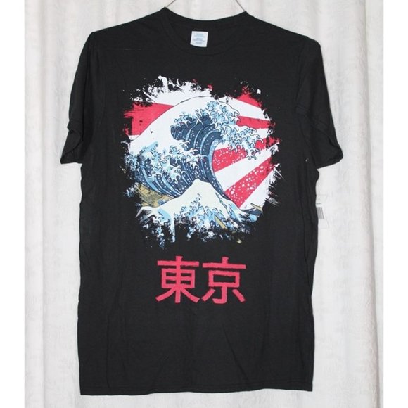 The Great Wave Off Kanagawa Black Tee Size M Tokyo Japan Kanji Characters - Picture 1 of 5